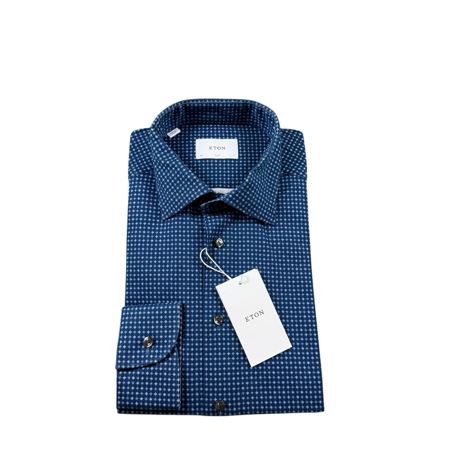 Eton Blue Gray Geometric Current Cotton Stretch L/S Slim Button Front 17/43 Nwt